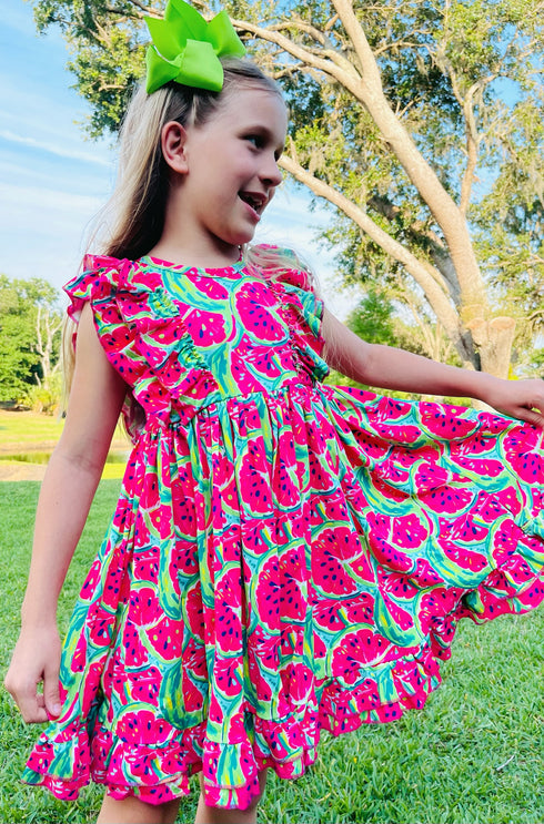 Girls Summer Watermelon Ruffle Twirl Dress with Matching Bow - Bowtism